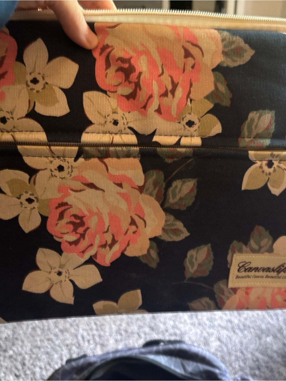 Canvas Floral padded laptop case - Navy with Peach Roses